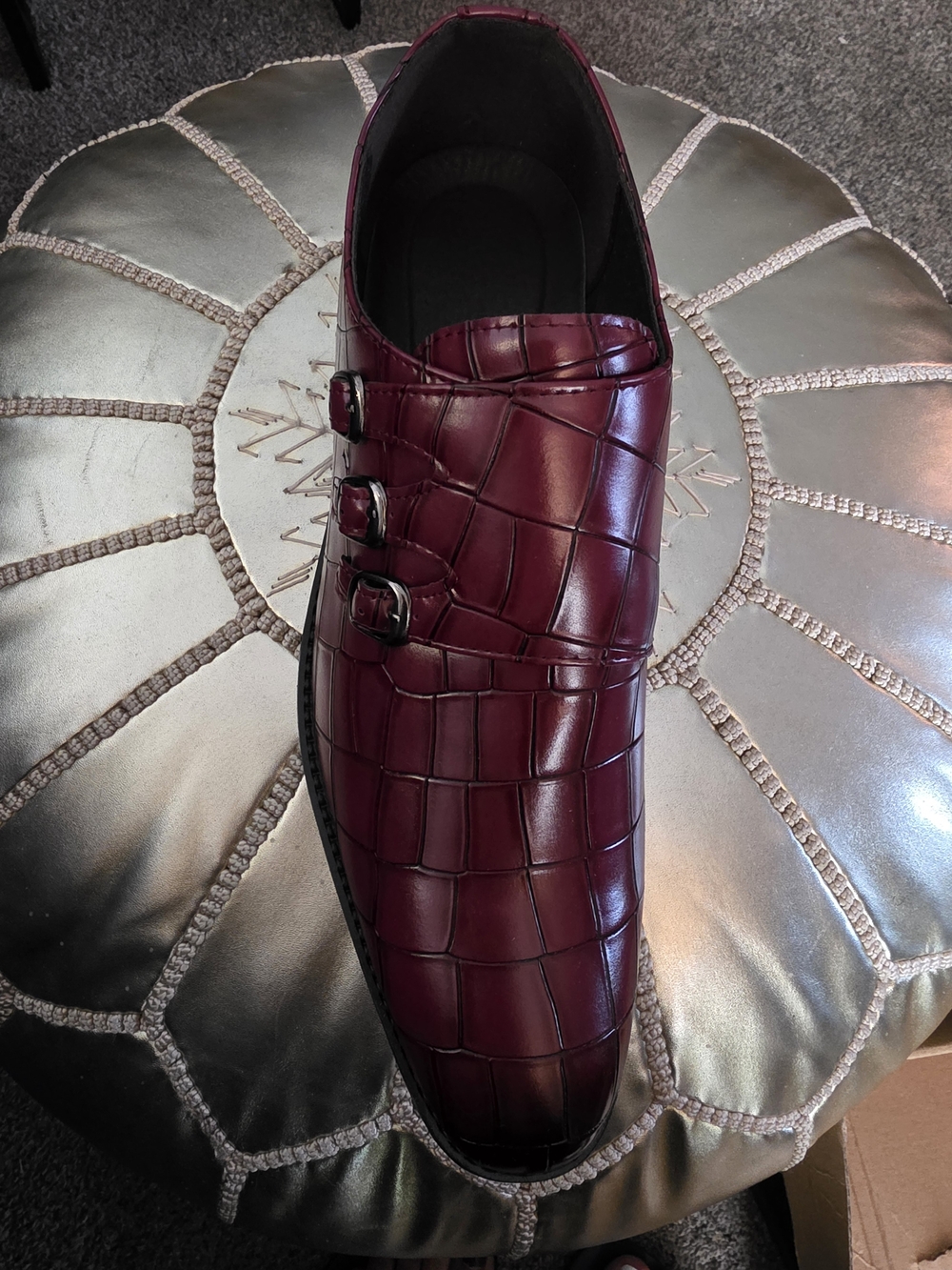 Men's Burgundy Croc-Embossed Triple Monk Strap Dress Shoe